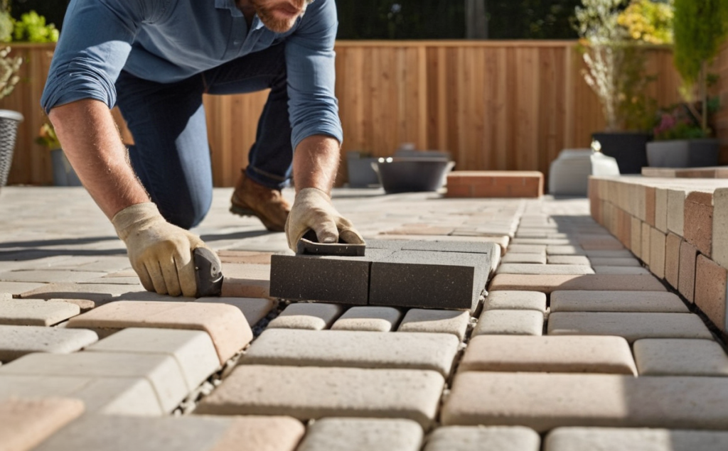 Homeowner applying finishing touches as he install outdoor pavers for his home.