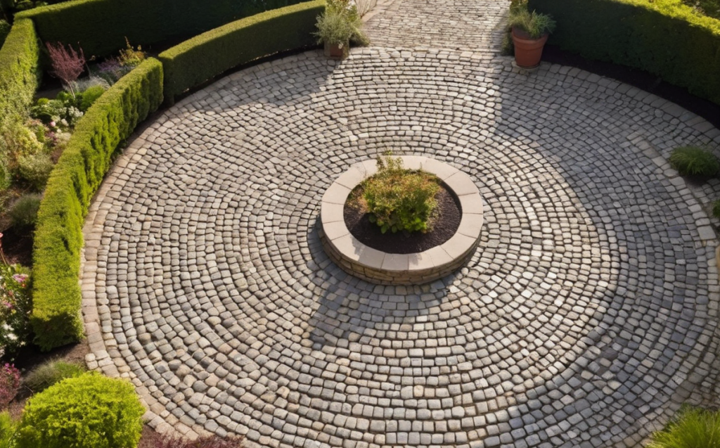 Beautiful cobblestones laid in circular shape in a serene garden.