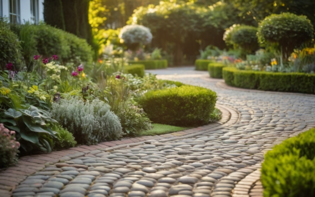 Beautiful cobblestone pathway in a lush garden, showcasing the elegance and craftsmanship of How to Lay Cobblestones by JG Cobblestones